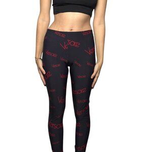 NWT Versace Iconic Black Red All Over White Logo Printed Leggings Spandex Sz 40